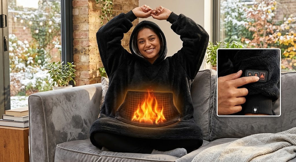 Smiling woman on a couch in the black USB Heated Wearable Blanket Hoodie with the heated front pocket glowing and a close-up of the 3-level heat button
