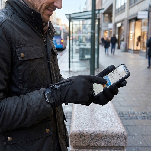 Man using his phone on a city street while wearing black touch screen zipper gloves