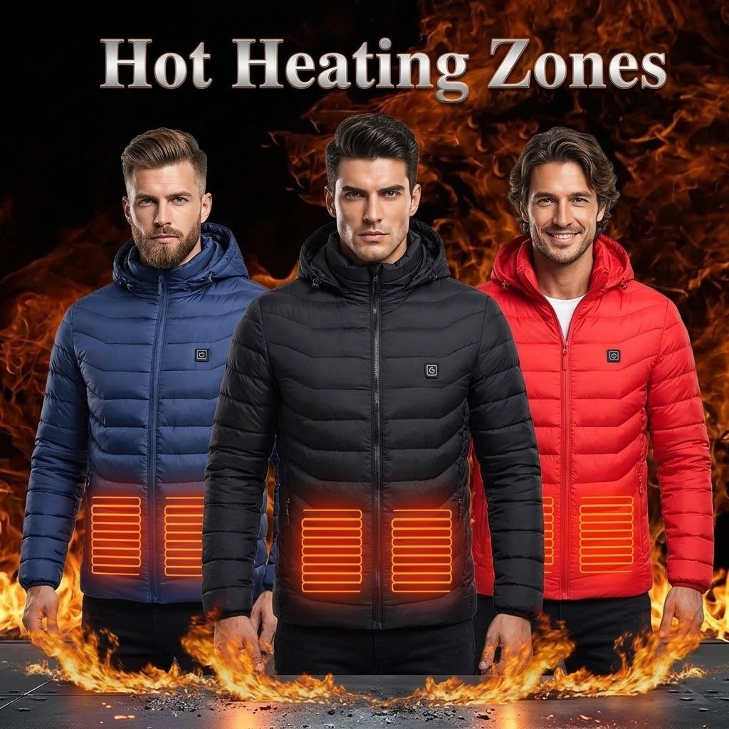 Heated jacket in navy, black and red showing the glowing front heating zones