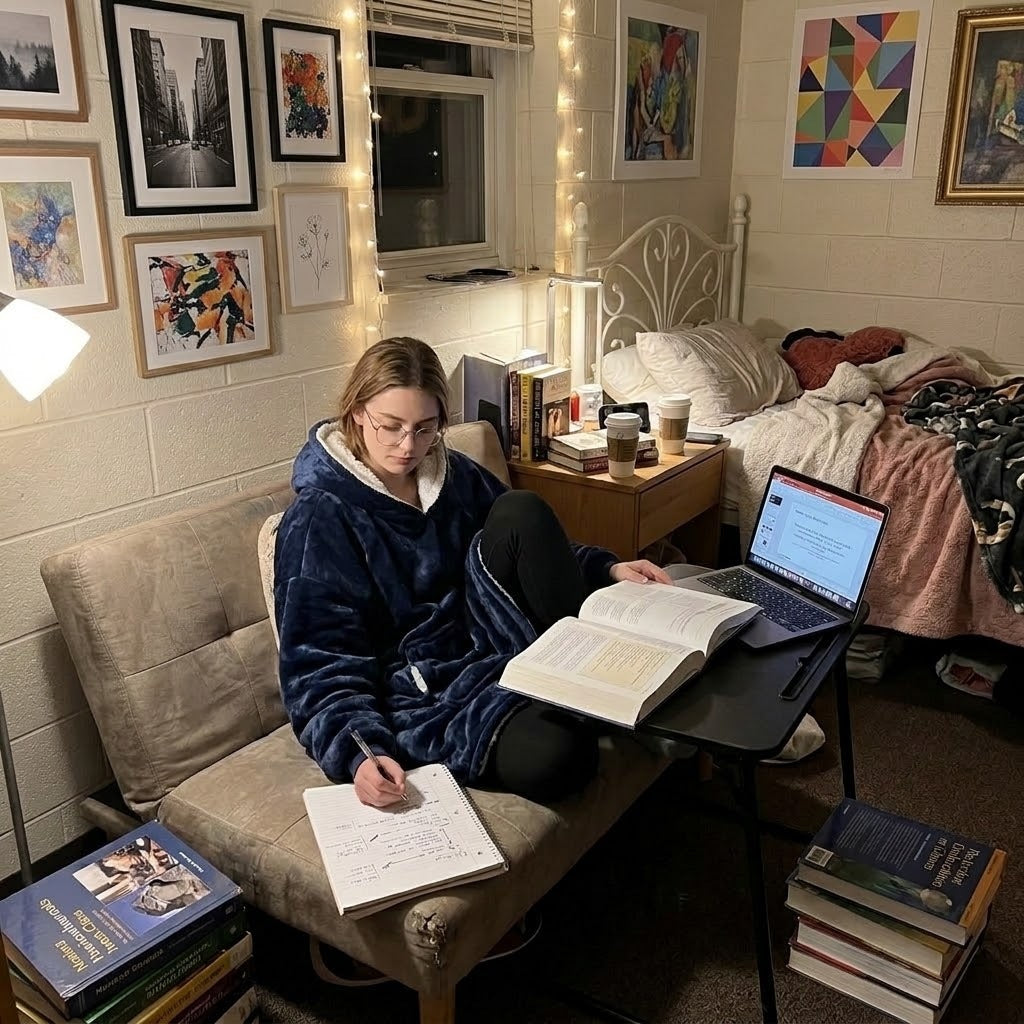 Student studying in a cozy dorm room wearing a navy Toasty Hoodie sherpa wearable blanket
