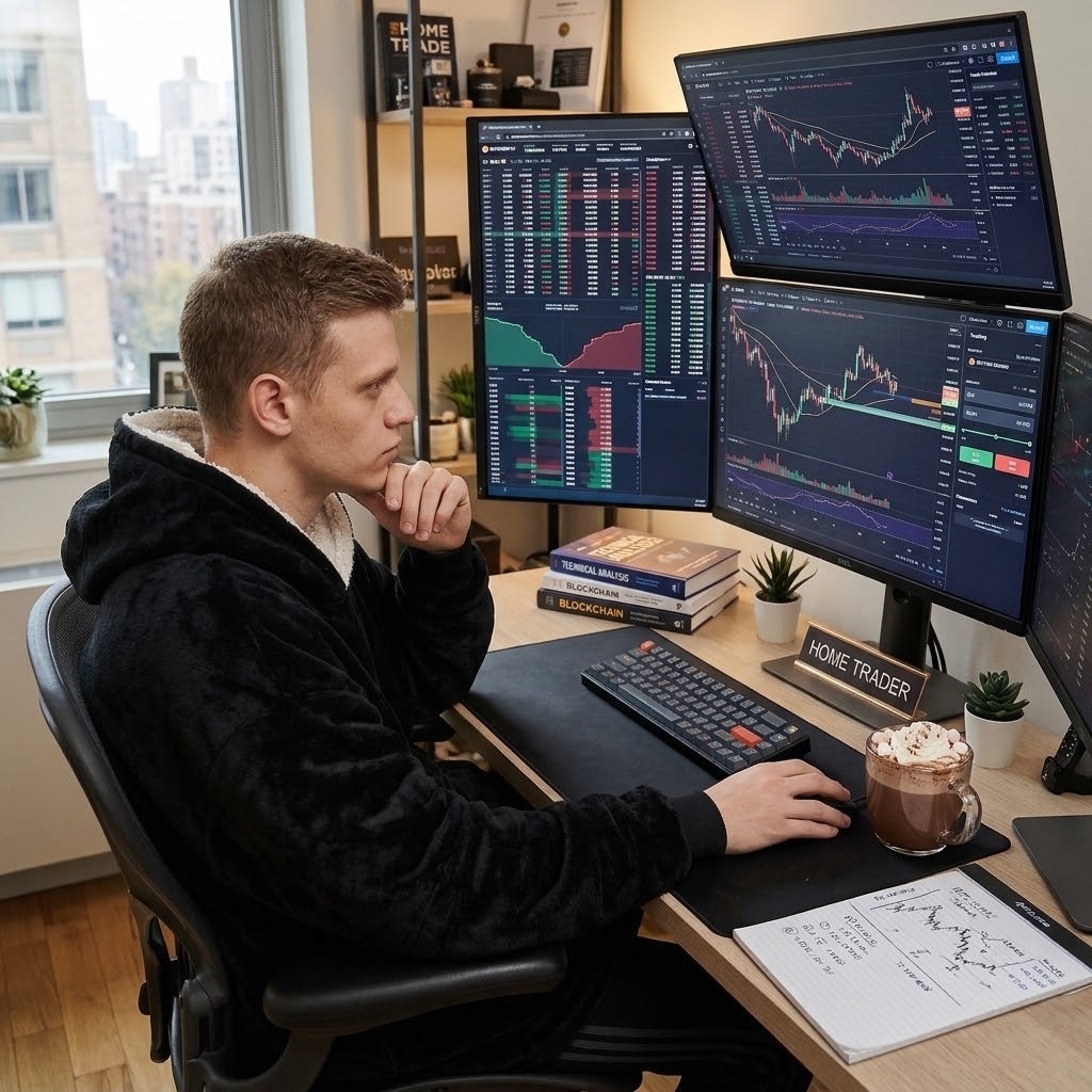 Man wearing a black Toasty Hoodie sherpa wearable blanket while working at a multi-monitor desk at home