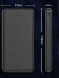 Slim 10,000mAh USB power bank, front and side view with 70 x 139 x 15 mm dimensions