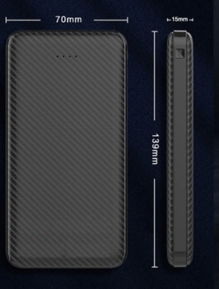 Slim 10,000mAh USB power bank, front and side view with 70 x 139 x 15 mm dimensions