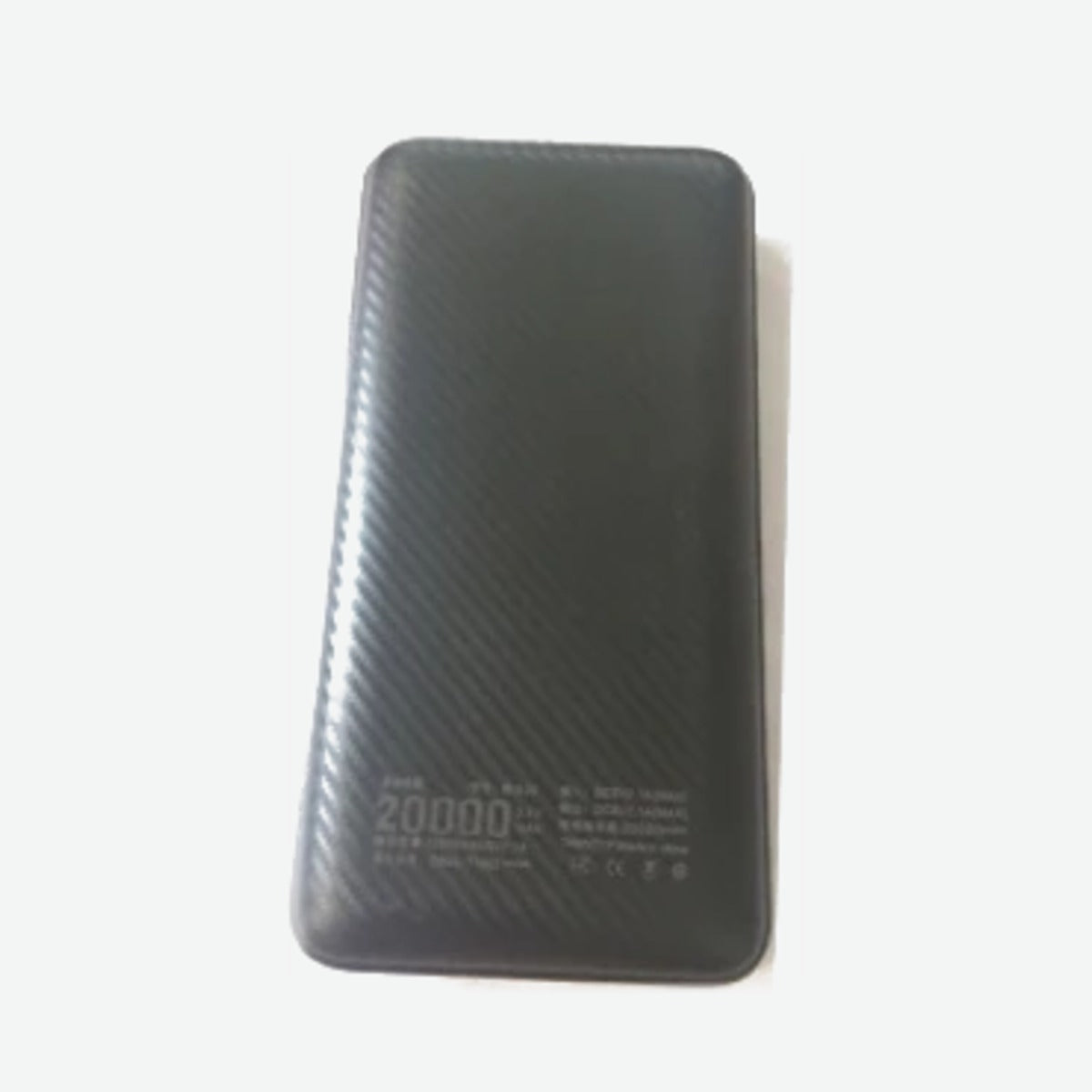 20,000mAh black USB power bank with a carbon-fiber texture